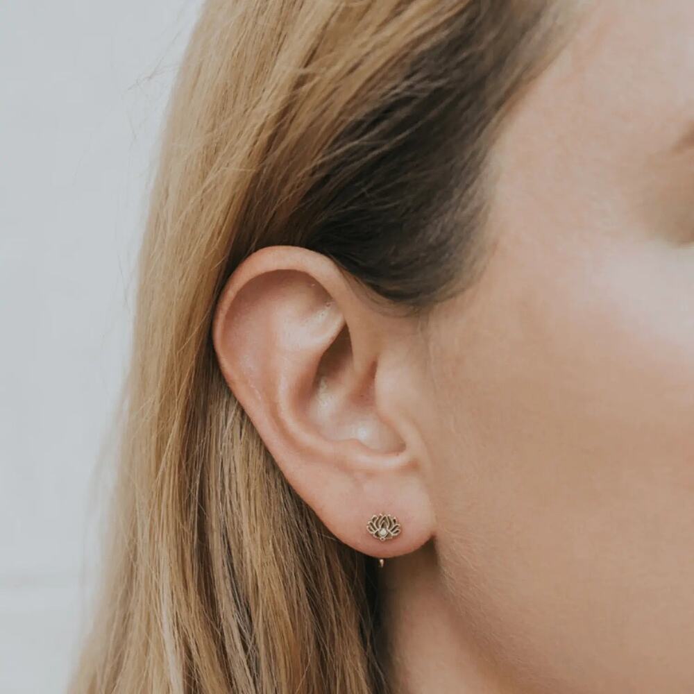 NEW ANTHROPOLOGIE Lotus Flower Icon 18kt Gold Tiny White CZ Stone Hoop Earring - Picture 4 of 9